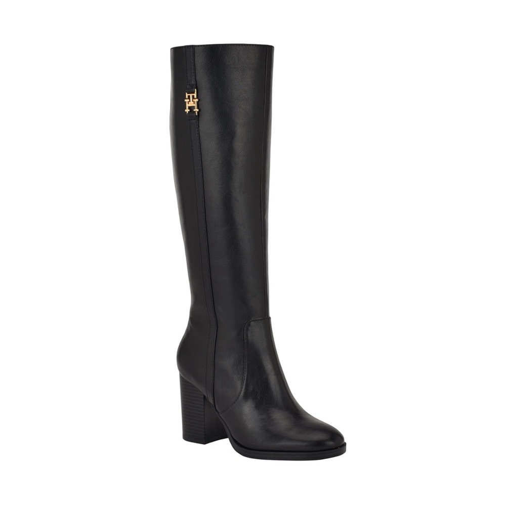 Tommy Hilfiger Women's Ursy Tall Block Heel Boots- Size 7.5 -Black Leather